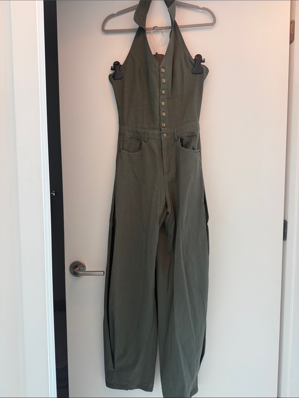 Fashion Nova Olive Halter Button-Front Wide-Leg Jumpsuit